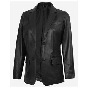 Two Button Notch Lapel Black Leather Blazer Jacket Sz M/L